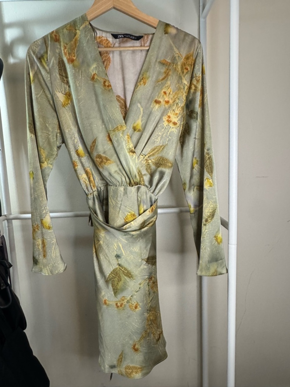 Zara Sage Green Satin Floral Long-Sleeve Tie-Waist Dress